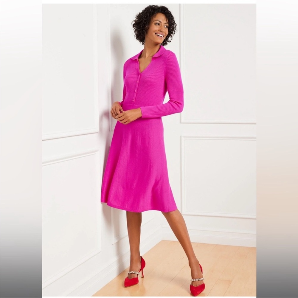 💕NEW! Talbots Fit & Flare Festive Fuchsia Merino Wool Pink Long Sleeve Dress